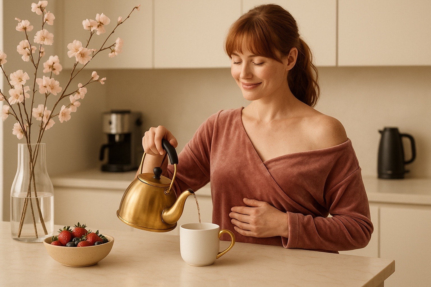 Femme sereine préparant une infusion bien-être, ambiance douce et cocooning Hazellia.