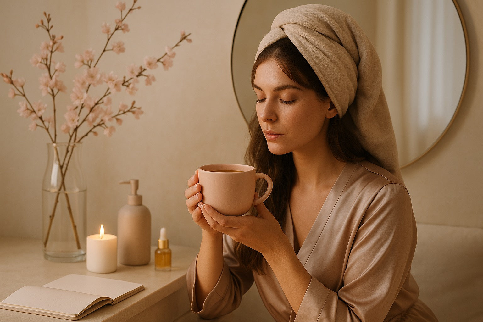Femme assise dans une ambiance douce, en peignoir, dégustant une infusion avec une serviette sur la tête, bougie allumée et décor cocooning — rituel bien-être Hazellia.