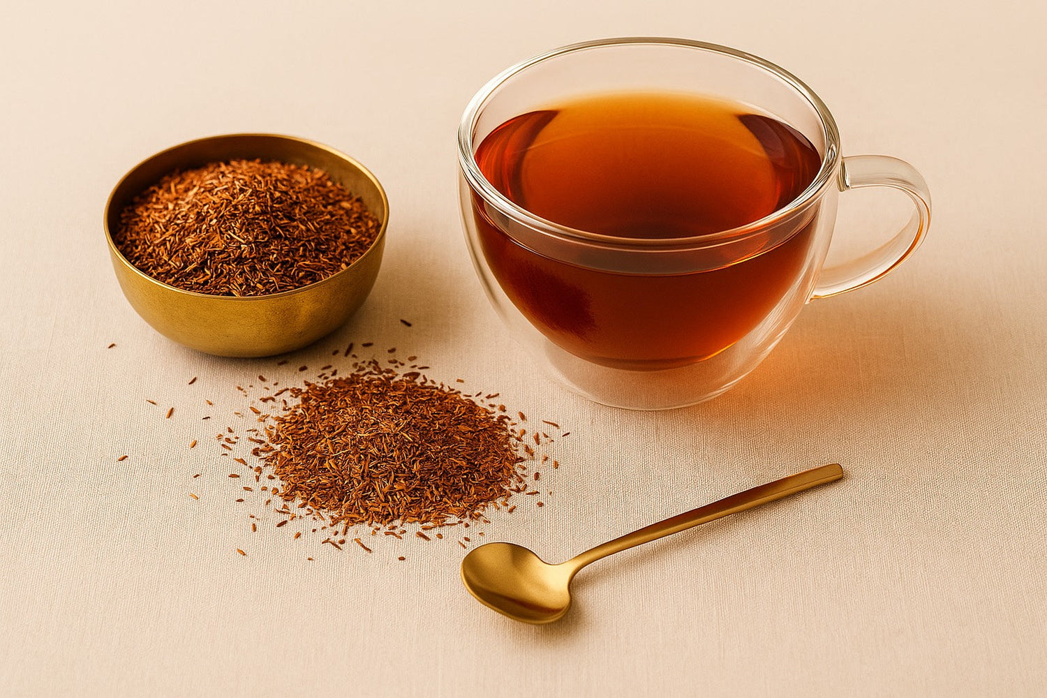 Infusion rooibos dans une tasse transparente avec feuilles séchées, cuillère dorée et ambiance douce — photo Hazellia bien-être et beauté naturelle.