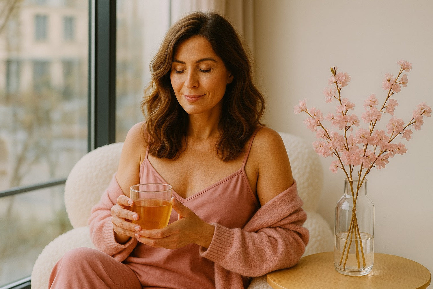 Femme en tenue rose poudré savourant une infusion chaude dans un fauteuil cosy, ambiance week-end slow et rituel bien-être Hazellia.