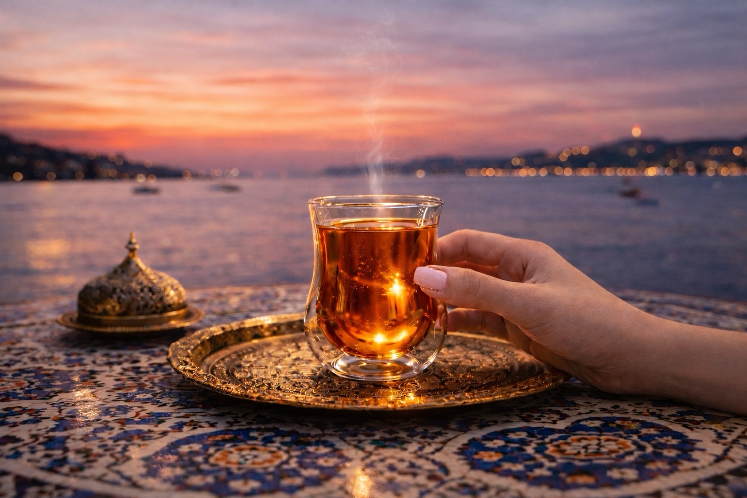 Infusion chaude dans un verre turc sur plateau doré au coucher de soleil face à la mer, rituel féminin bien-être inspiré de la Turquie, ambiance luxe Hazellia