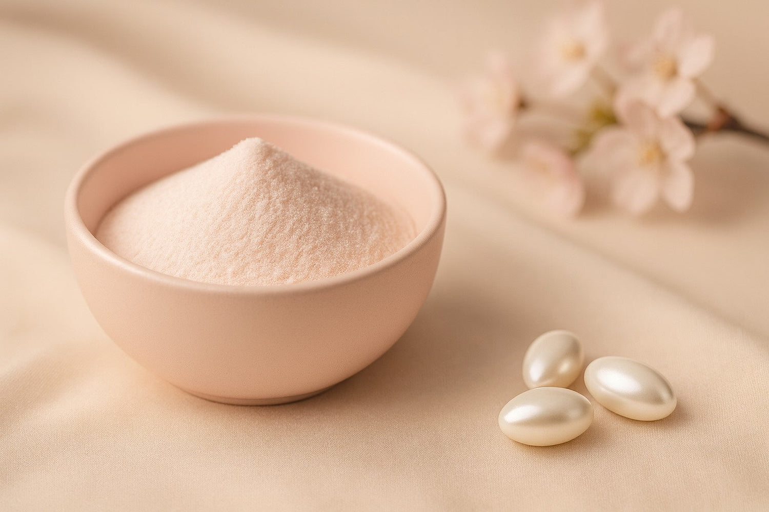 Bol rose de collagène en poudre avec capsules beauté nacrées et branche de fleurs de cerisier floue.