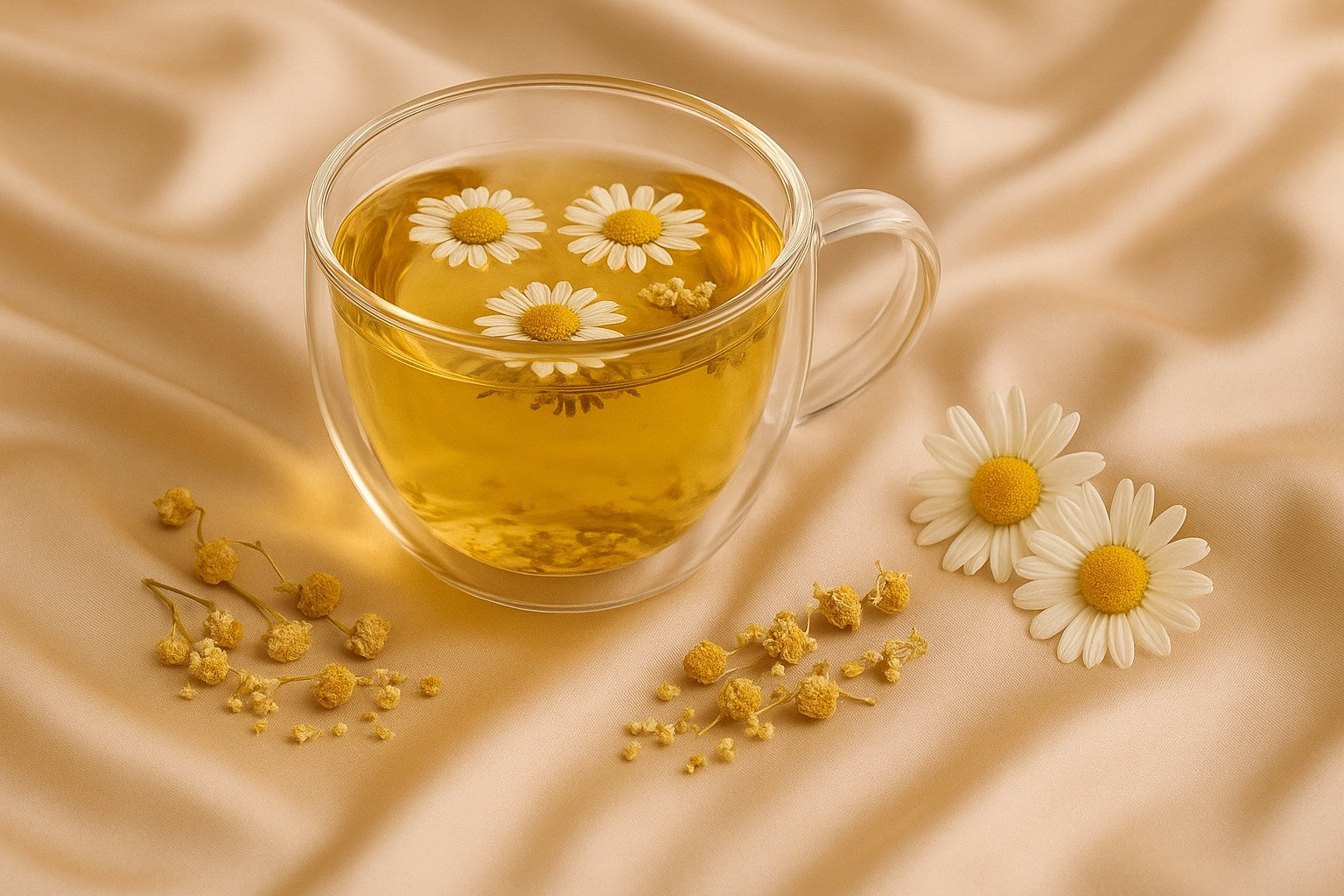 Tasse de tisane à la camomille avec satin beige, ambiance bien-être, image premium style Hazellia.