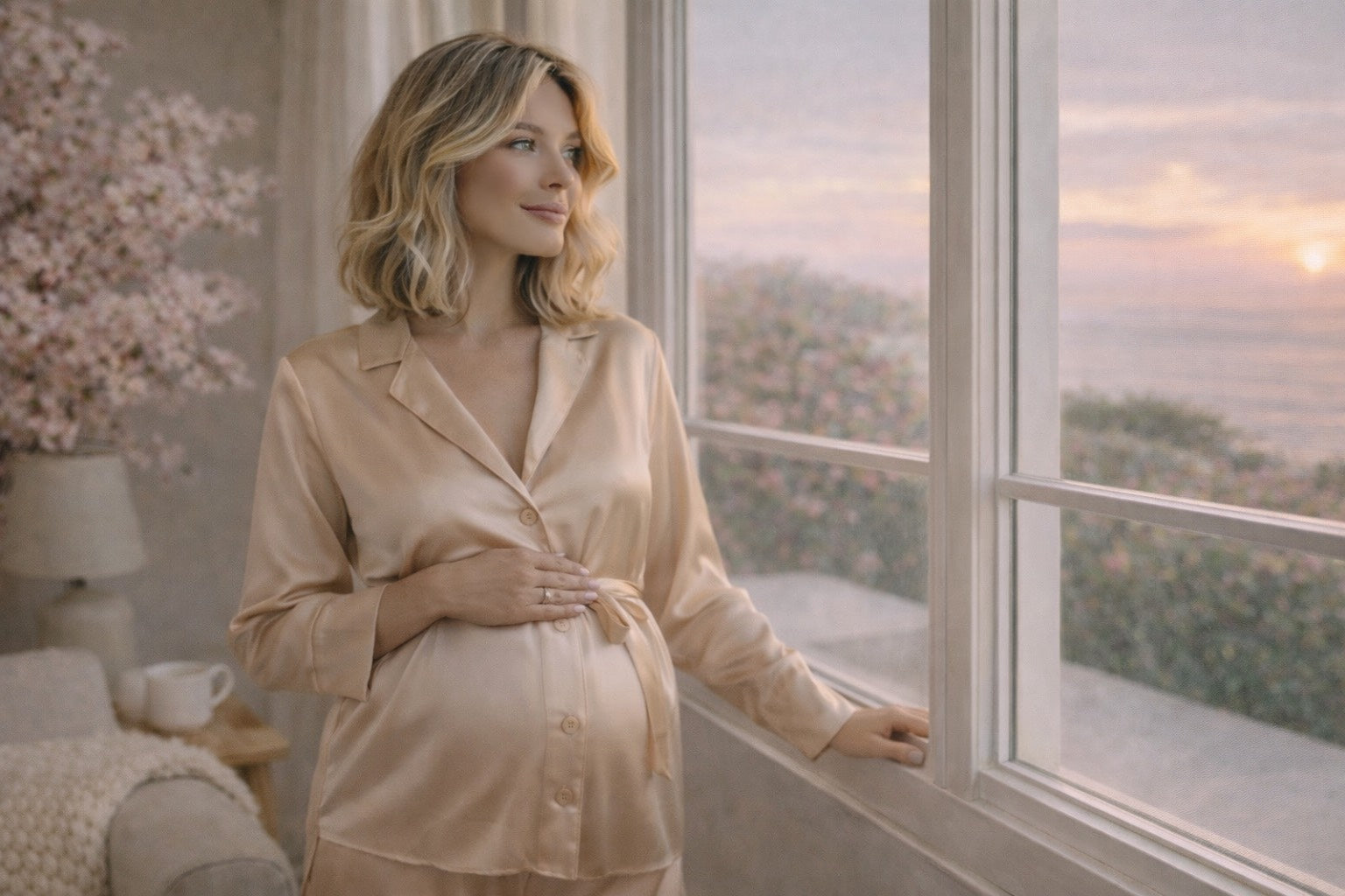 Future maman rayonnante dans un intérieur lumineux, tenue satinée beige, atmosphère douce et naturelle symbolisant la beauté et l’éclat de la peau pendant la grossesse.