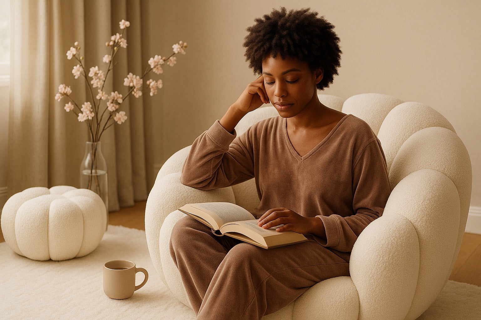 Femme assise dans un fauteuil cocooning beige, lisant un livre avec une tasse posée à côté. Ambiance douce et minimaliste, fleurs de cerisier en arrière-plan. Scène bien-être, calme et self-care féminin.