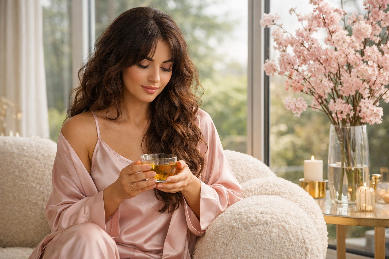 Femme brune en satin rose tenant une tasse d’infusion dans un intérieur lumineux avec fleurs de cerisier — moment anti-stress doux et féminin.