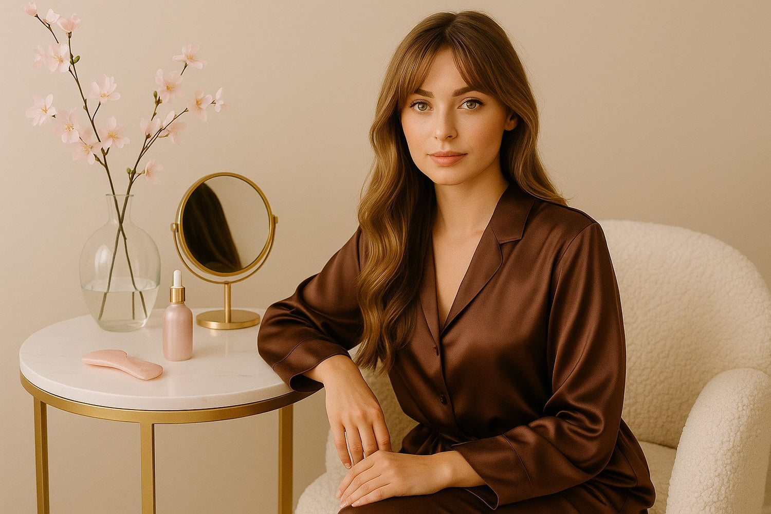 Femme assise dans un intérieur calme pratiquant sa routine beauté Hazellia avec sérénité, ambiance douce et minimaliste.