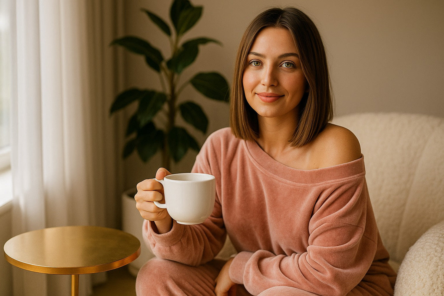 Femme en tenue cocooning tenant une tasse d’infusion dans un intérieur doux – rituel bien-être Hazellia