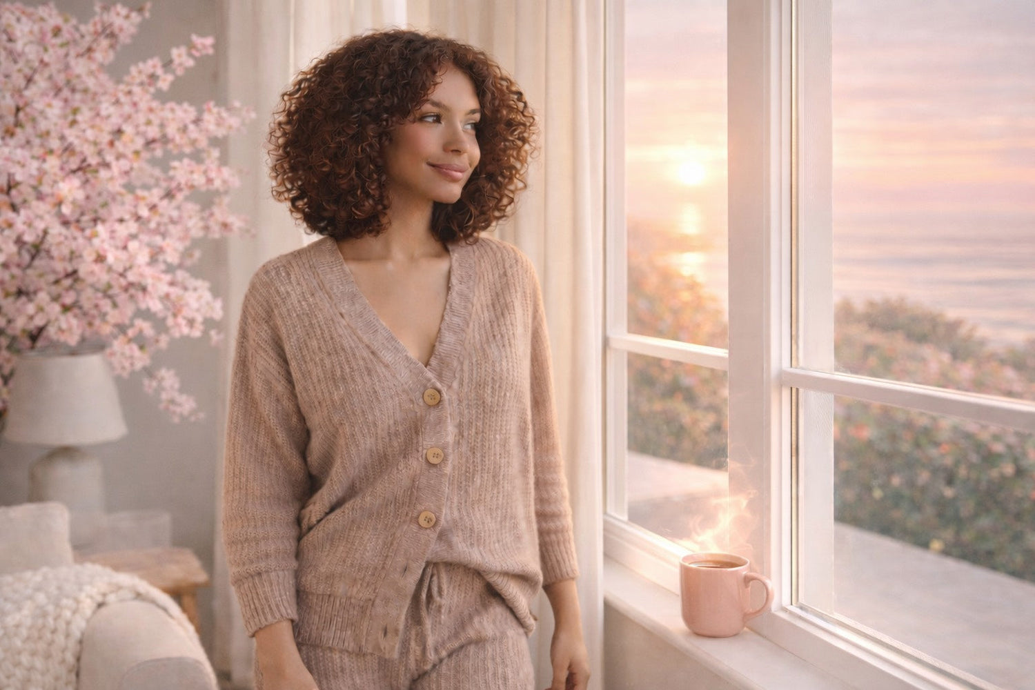 Femme debout près d’une fenêtre au lever du soleil, tenant un mug rose d’infusion chaude, entourée de branches de cerisier rosées dans une ambiance douce et lumineuse Hazellia.