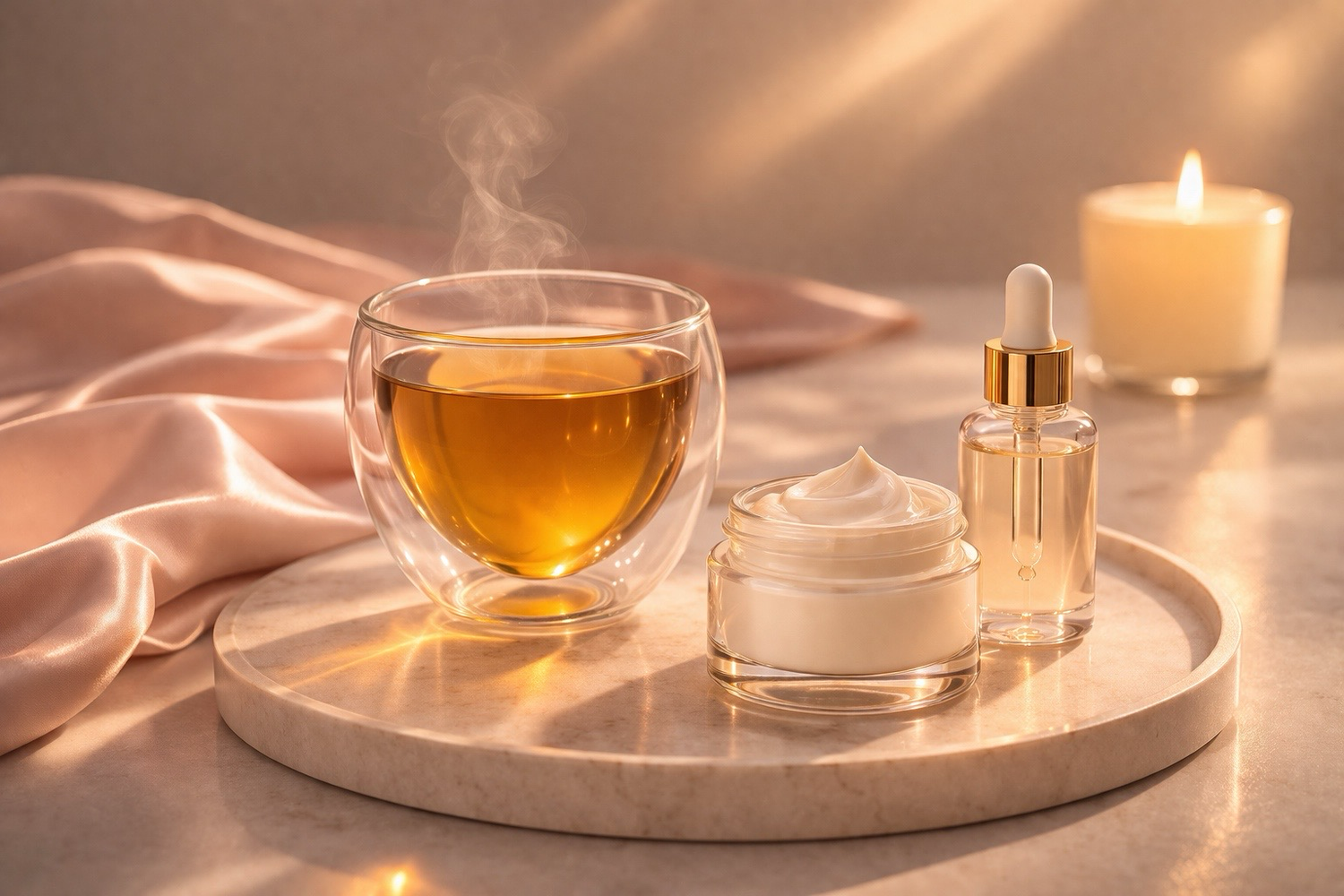 rituel beauté naturel peau lumineuse infusion chaude soin visage crème sérum ambiance bien-être féminin Hazellia