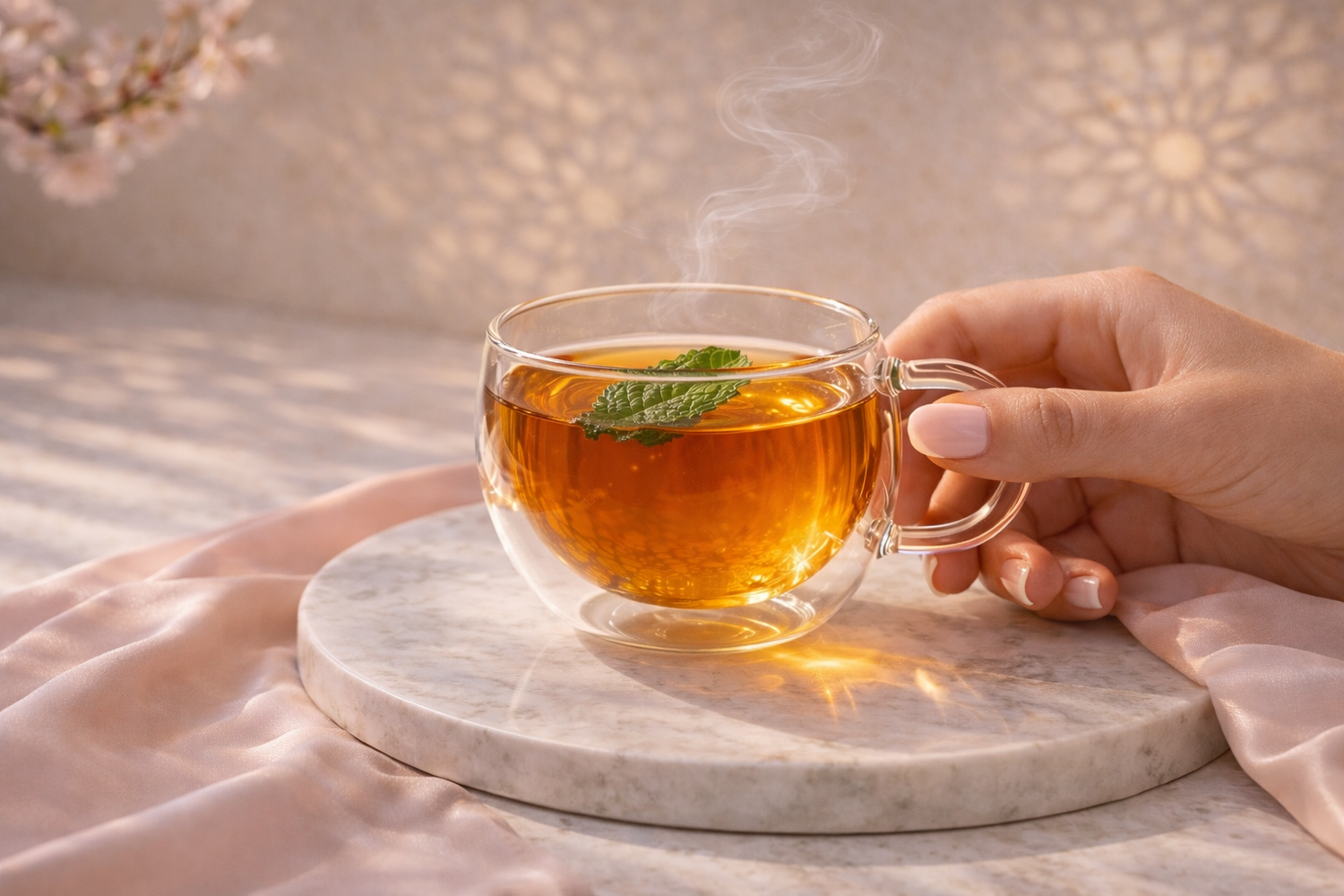 infusion à la menthe chaude dans une tasse en verre double paroi avec vapeur, ambiance satin rose poudré et marbre, rituel féminin bien-être Hazellia