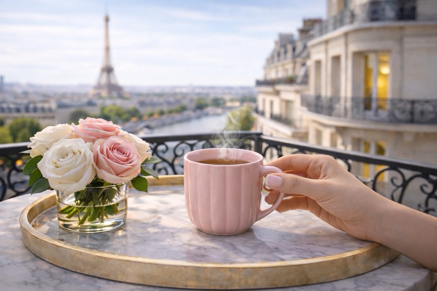 Infusion chaude dans tasse rose avec roses sur plateau marbre et vue Tour Eiffel, rituel féminin élégant inspiré de Paris, ambiance luxe Hazellia