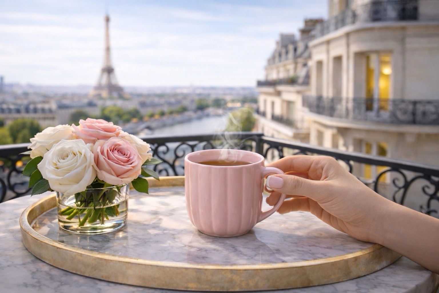 Infusion chaude dans tasse rose avec roses sur plateau marbre et vue Tour Eiffel, rituel féminin élégant inspiré de Paris, ambiance luxe Hazellia