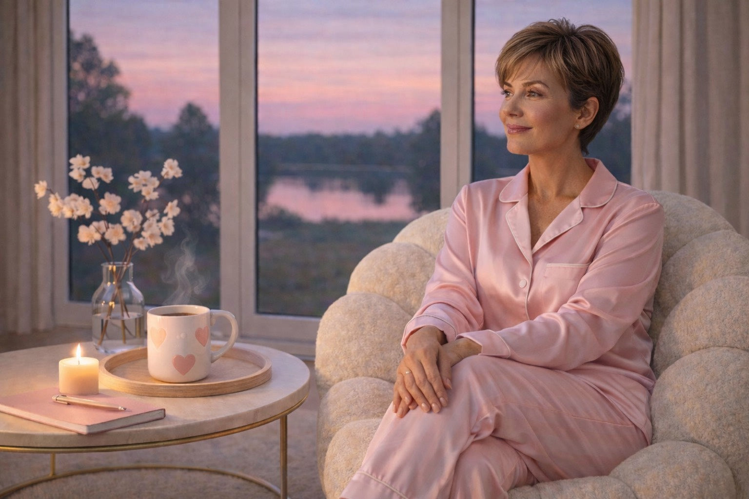 Femme mature apaisée buvant une infusion au coucher du soleil – rituel du soir.