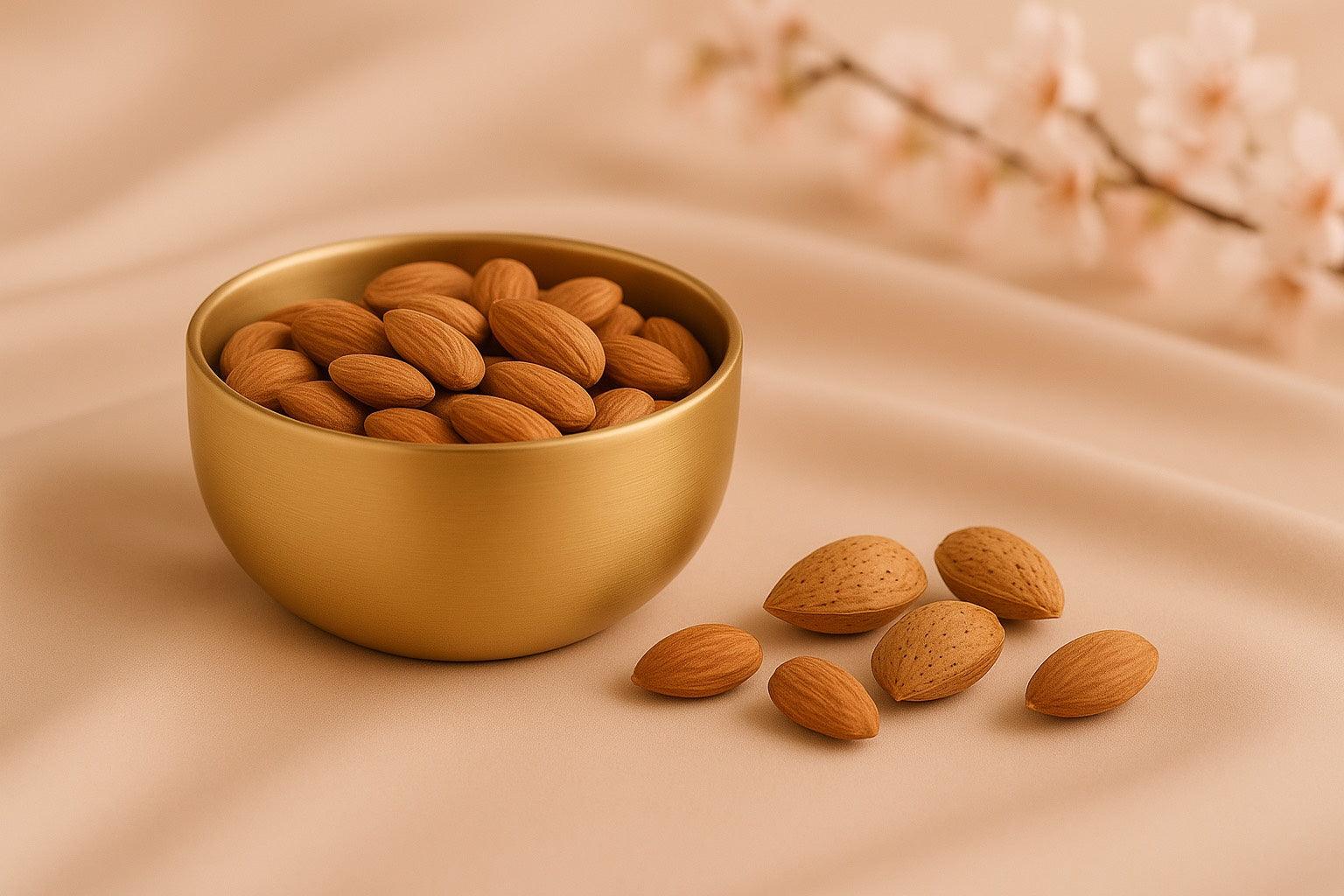Amandes crues dans un bol doré sur tissu beige satin.