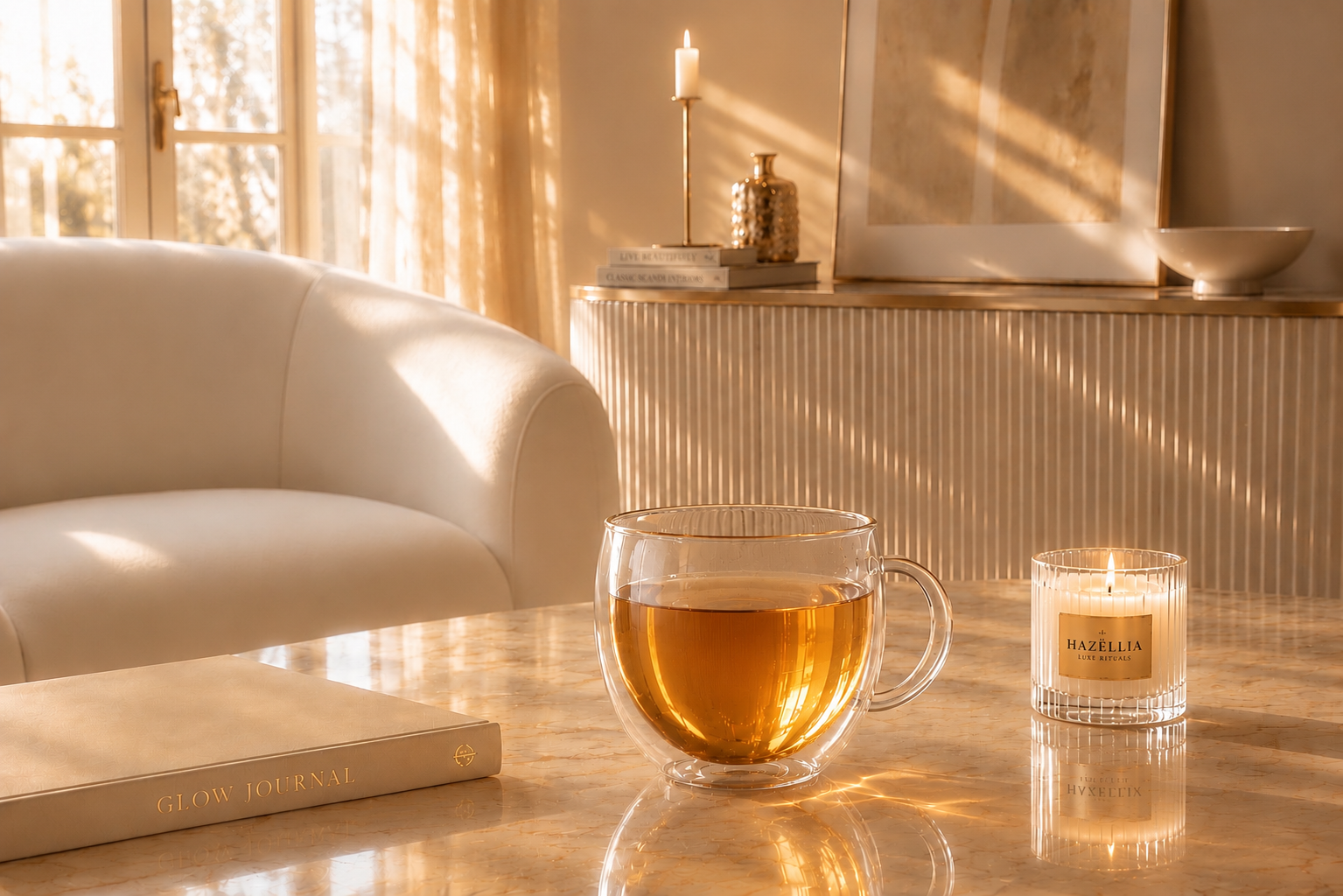 Rituel bien-être GlowTox – infusion naturelle et pause lumineuse pour un moment de bien-être féminin Hazellia 