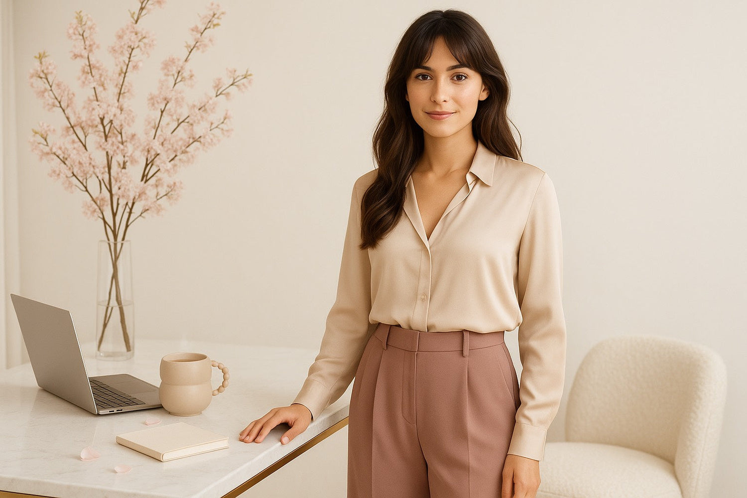 Femme confiante dans une ambiance douce beige et minimaliste, symbolisant l’affirmation de soi et le respect personnel.