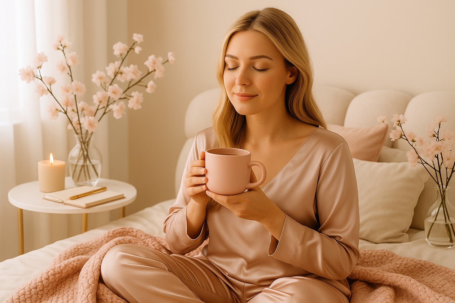 Femme sereine avec tasse, symbole d’amour de soi et guérison de la dépendance affective