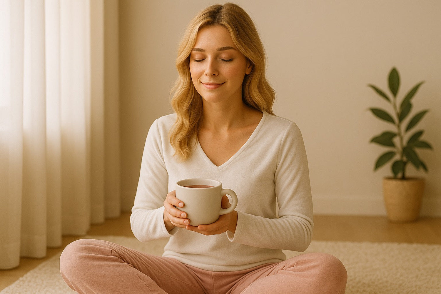 Femme tenant un tasse de thé dans une ambiance cosy