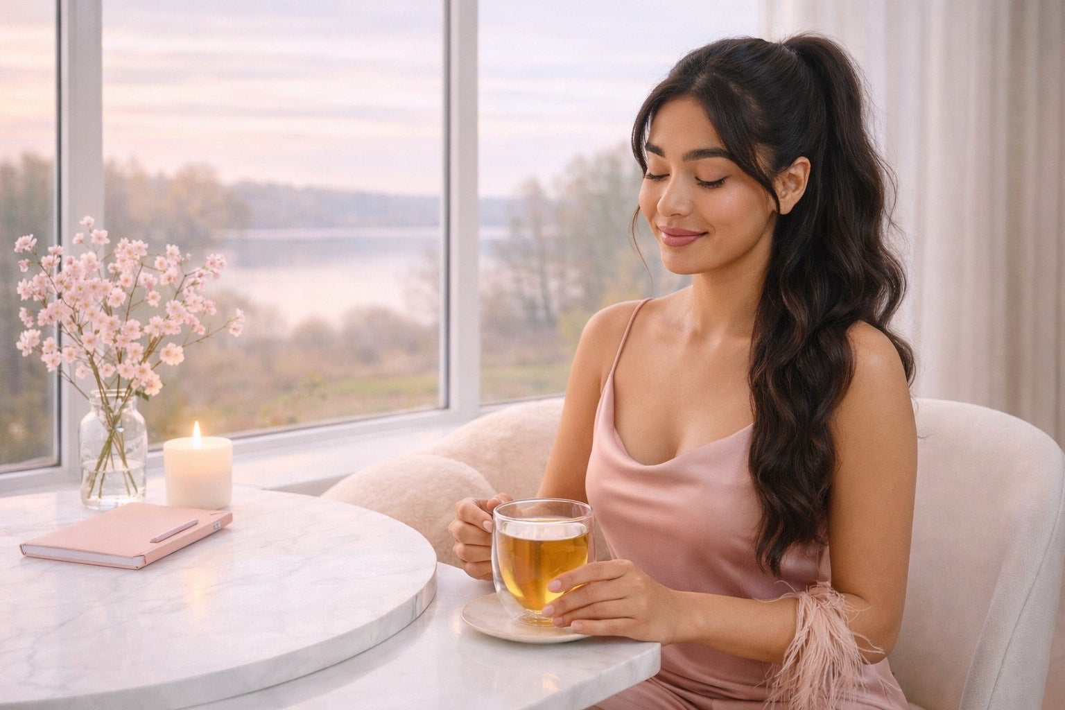Femme brune en satin rose dégustant une infusion devant une baie vitrée au lever du jour, ambiance douce et lumineuse — rituel glow naturel.