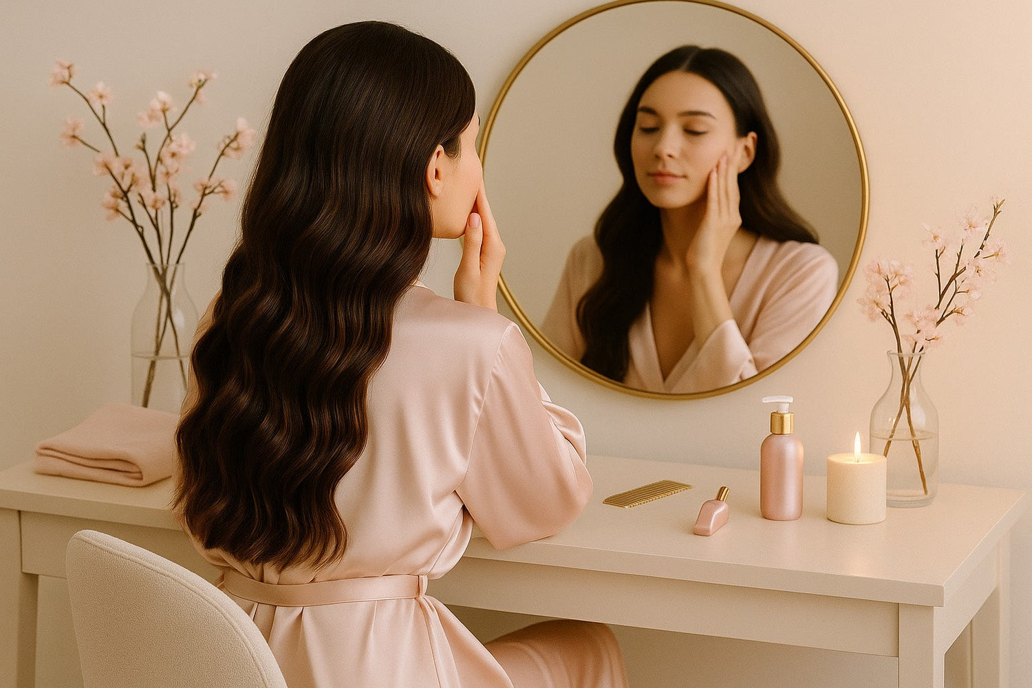 HazBeauty — rituel beauté féminin, self-care, miroir et douceur satinée
