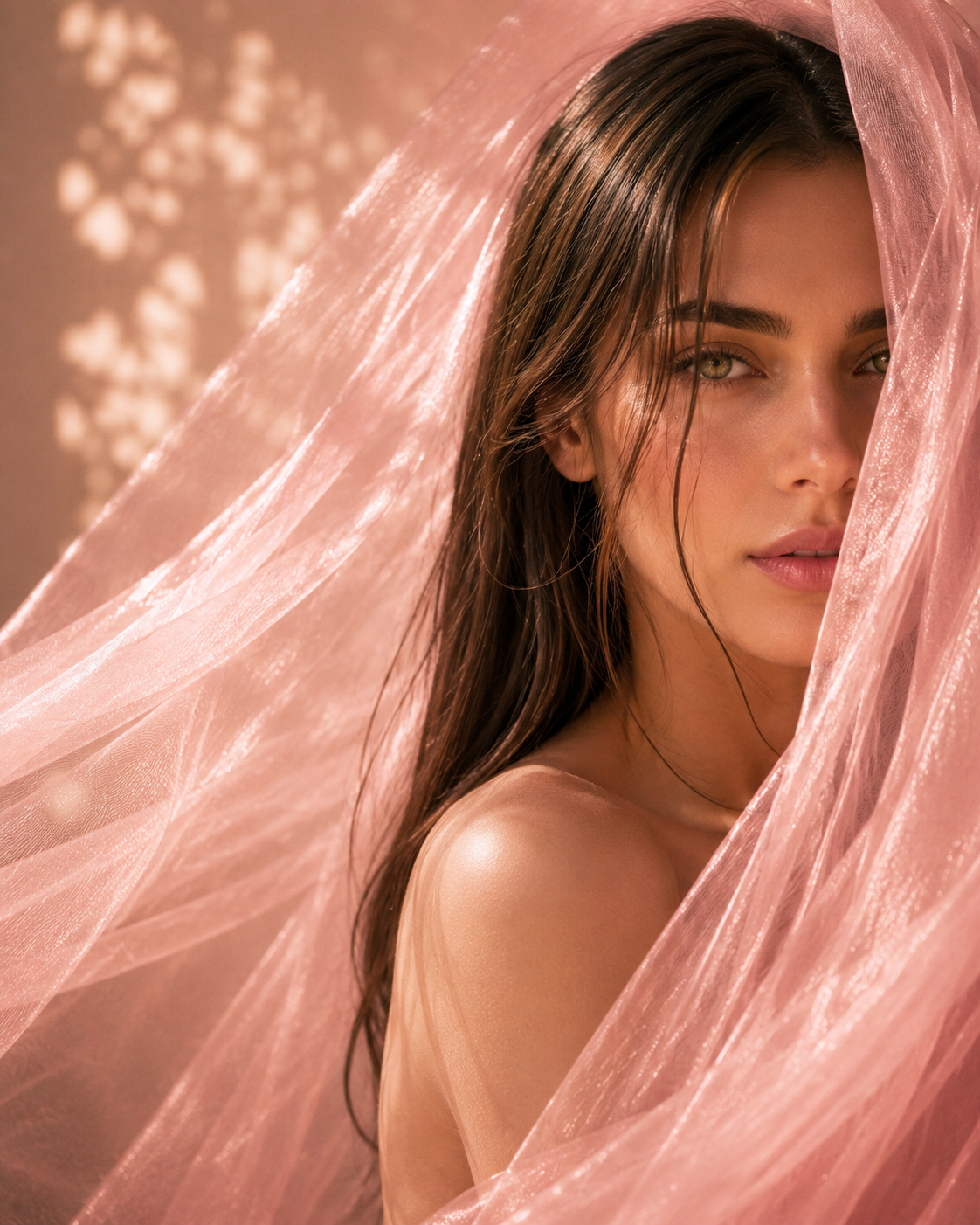 Femme élégante sous un voile rose poudré aérien illustrant l’univers Hazellia, les rituels de bien-être et la newsletter de la Maison Hazellia.


