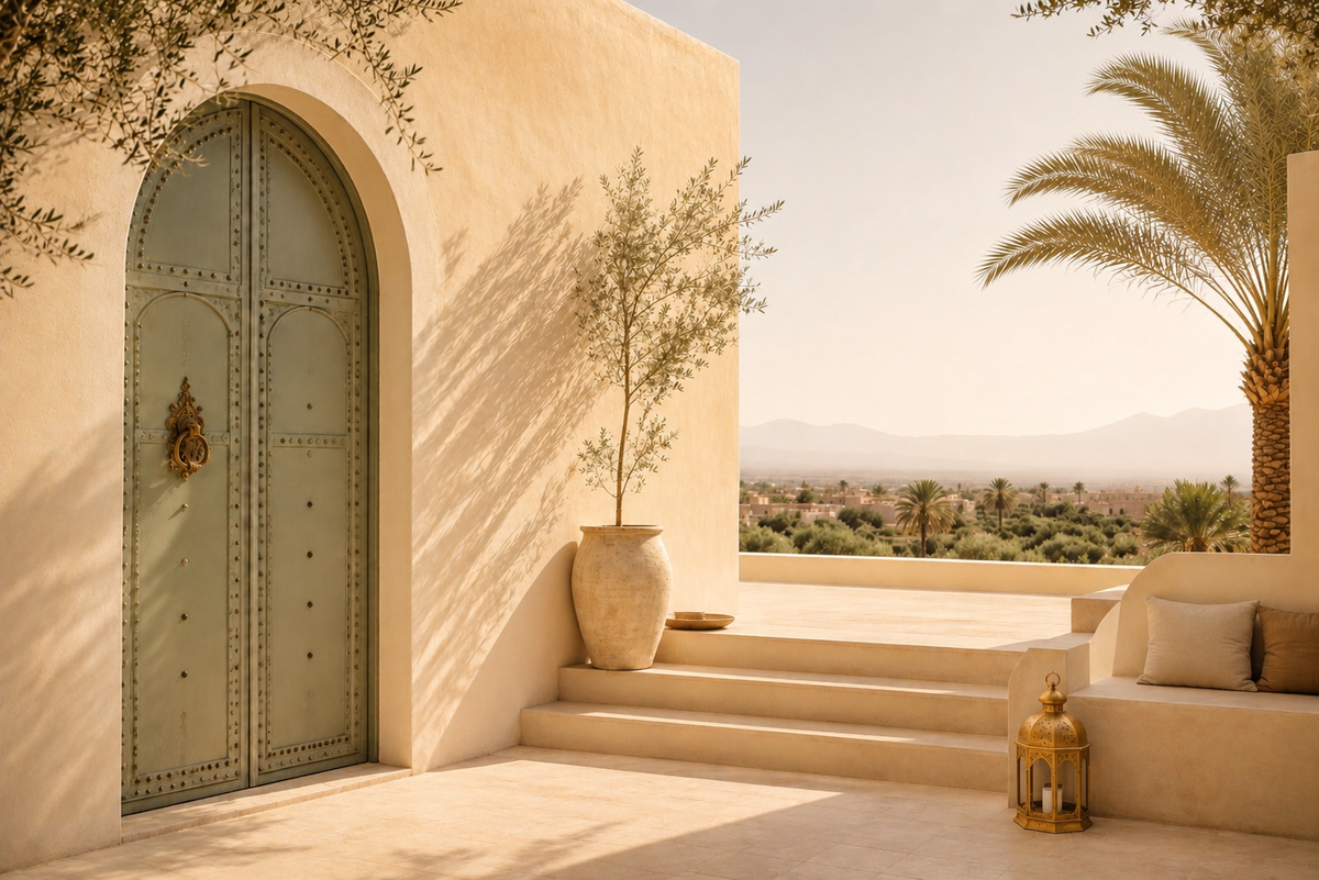 Patio marocain contemporain aux murs ivoire, porte vert sauge et horizon sur le Maroc – univers Mint Atlas Hazellia

