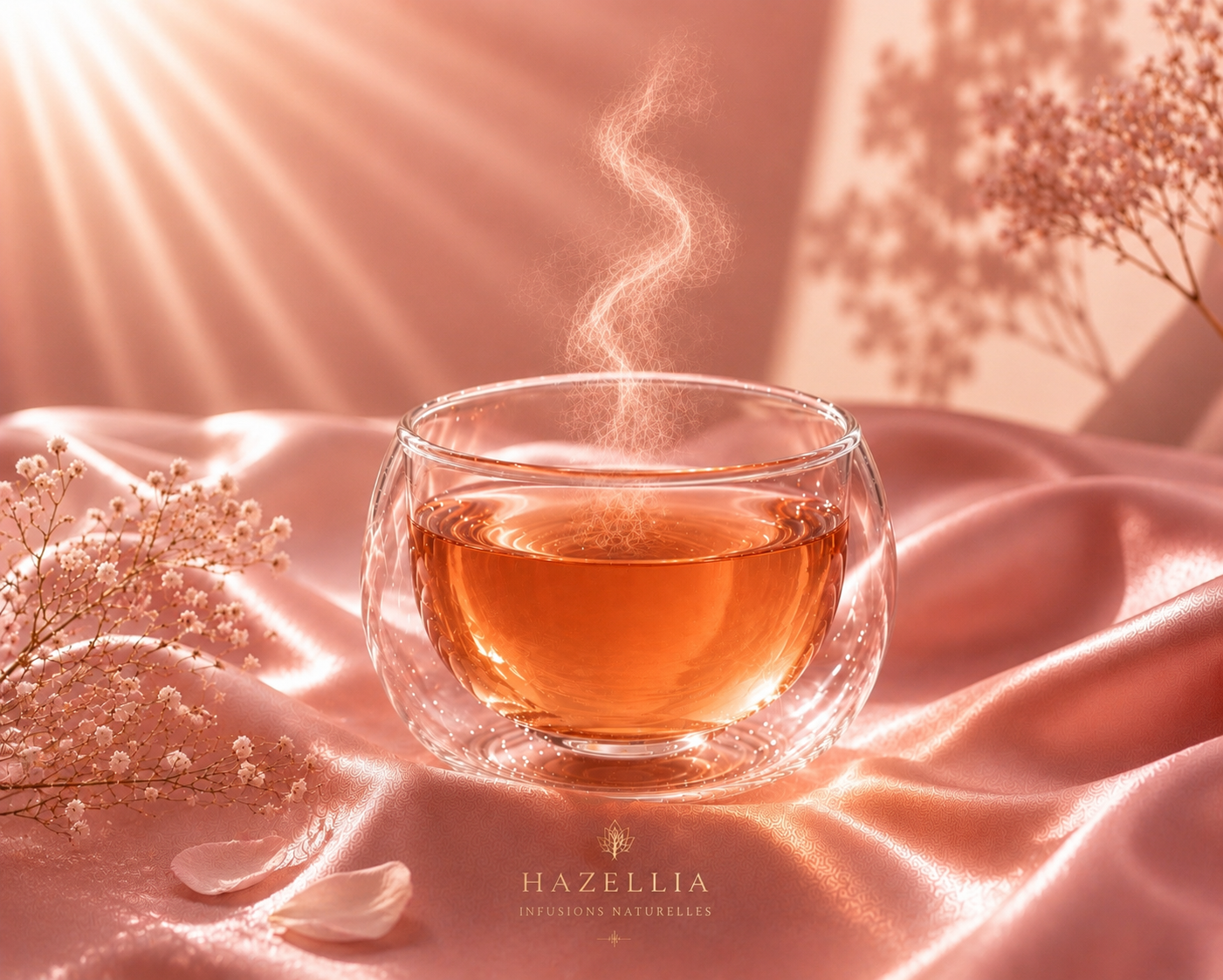 Rose Ritual by Hazellia, infusion premium au thé blanc, rose et vanille dans un mug en verre double paroi, rituel d’infusion floral sur satin rose poudré, lumière naturelle et ambiance luxe.

