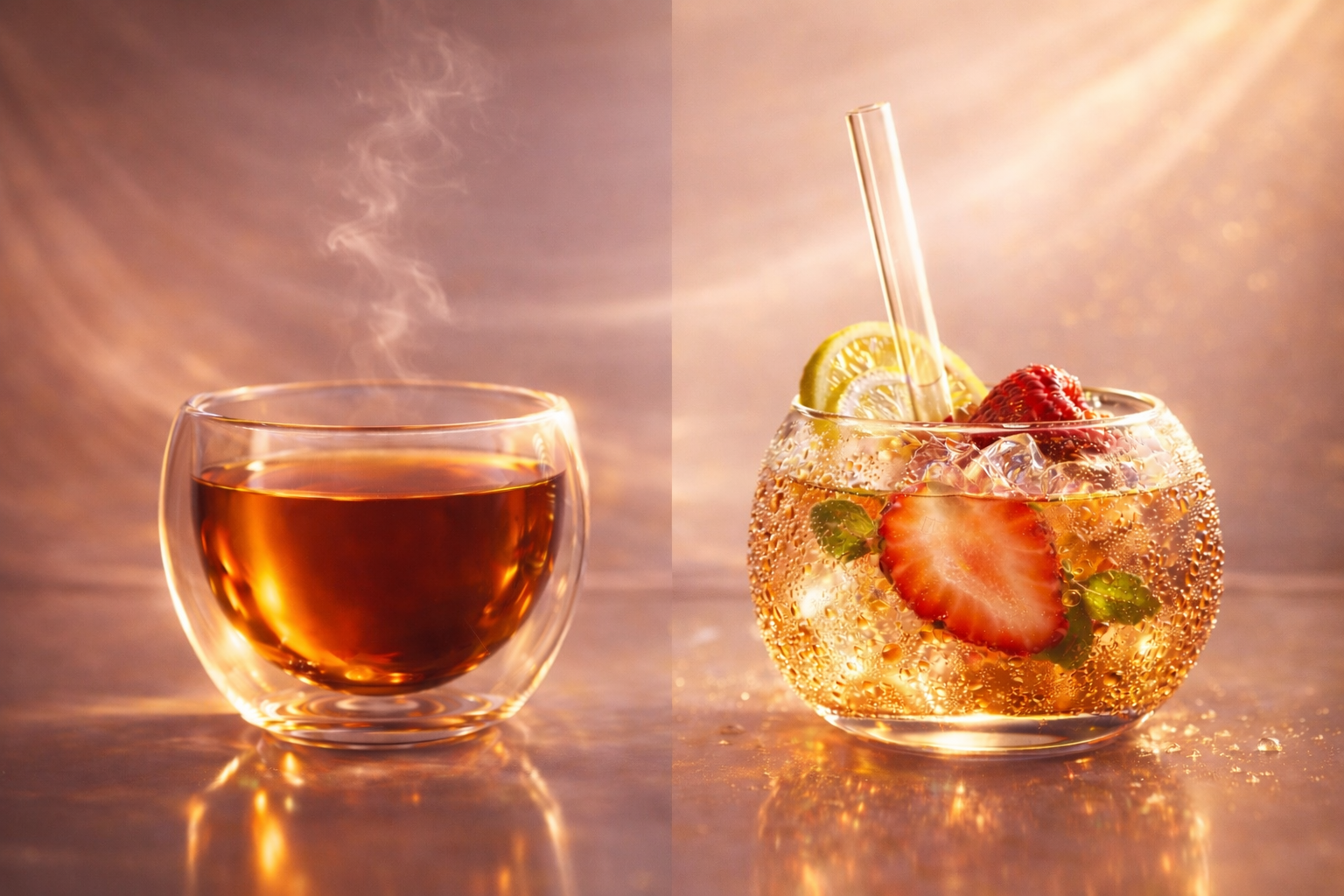 Infusion ambrée chaude avec vapeur dans un mug double paroi et infusion glacée aux fruits dans un verre transparent, ambiance lumineuse bien-être féminin Hazellia

