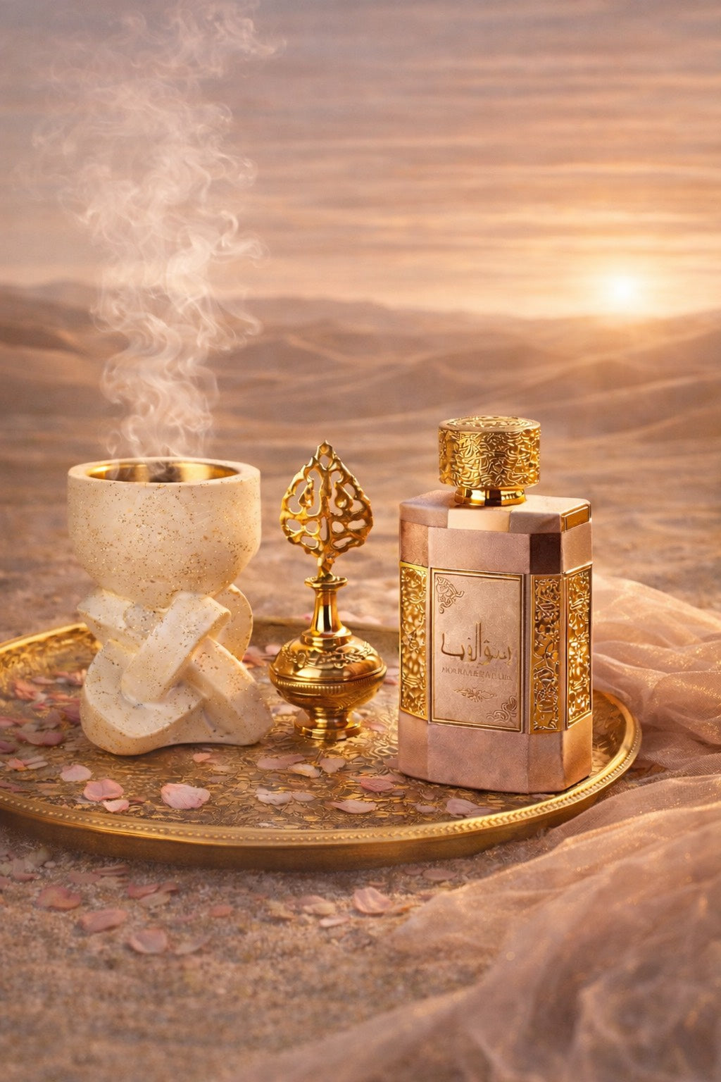 Mise en scène premium d’inspirations Moyen-Orient : encensoir beige doré, parfum oriental rose poudré, kohl doré et décor désertique lumineux façon Dubaï. 




