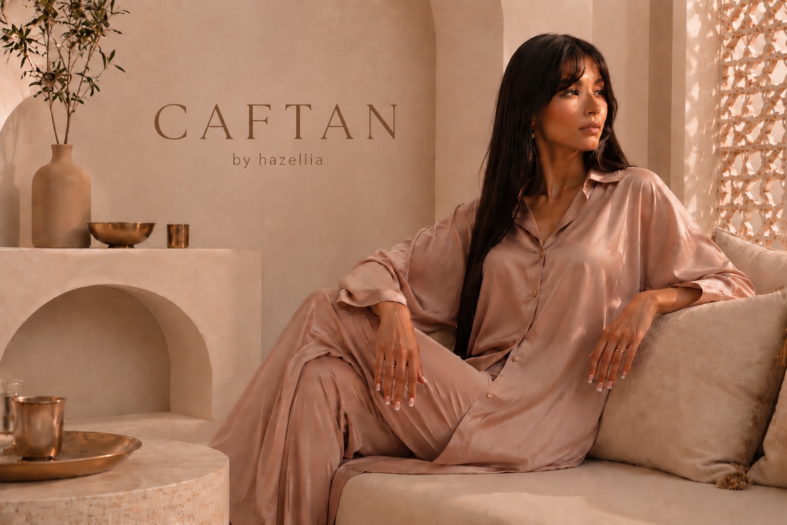 Femme en ensemble satiné rose nude dans un décor marocain luxe minimaliste – collection CAFTAN by Hazellia inspirée de l’élégance orientale et du quiet luxury.
