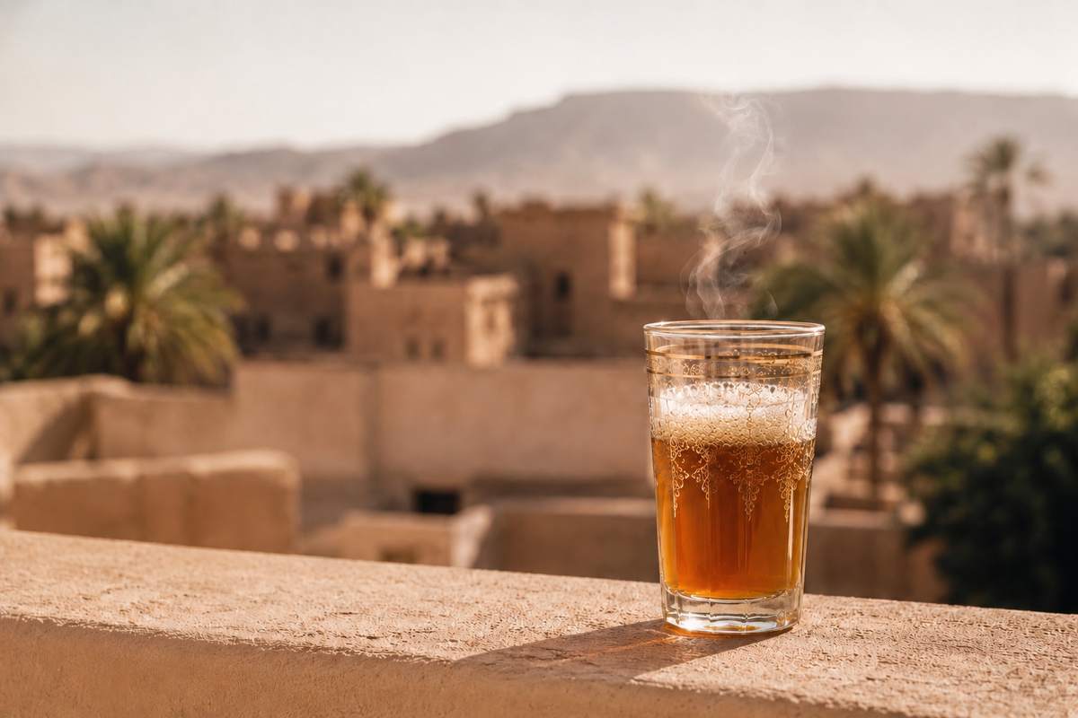 Thé marocain ambré dans un verre doré sur une terrasse avec paysage du Maroc – Évasion Maroc Douceur Hazellia

