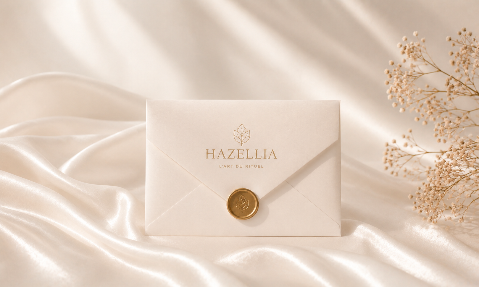 Enveloppe premium Hazellia sur satin ivoire et fleurs délicates, esthétique luxe féminin minimaliste et rituel élégant.

