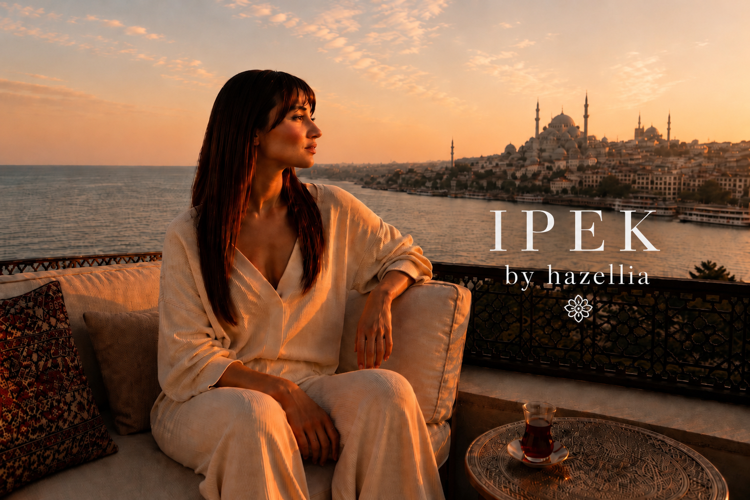 Femme élégante sur terrasse face au Bosphore au coucher du soleil – collection IPEK by Hazellia inspirée d’Istanbul et du luxe oriental moderne.
