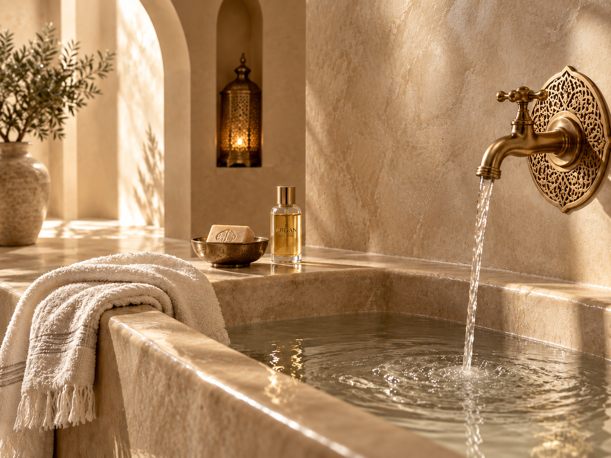 Rituel beauté marocain premium dans un hammam moderne aux tons beige doré et ivoire, avec lavabo élégant, robinet marocain luxe et ambiance épurée.

