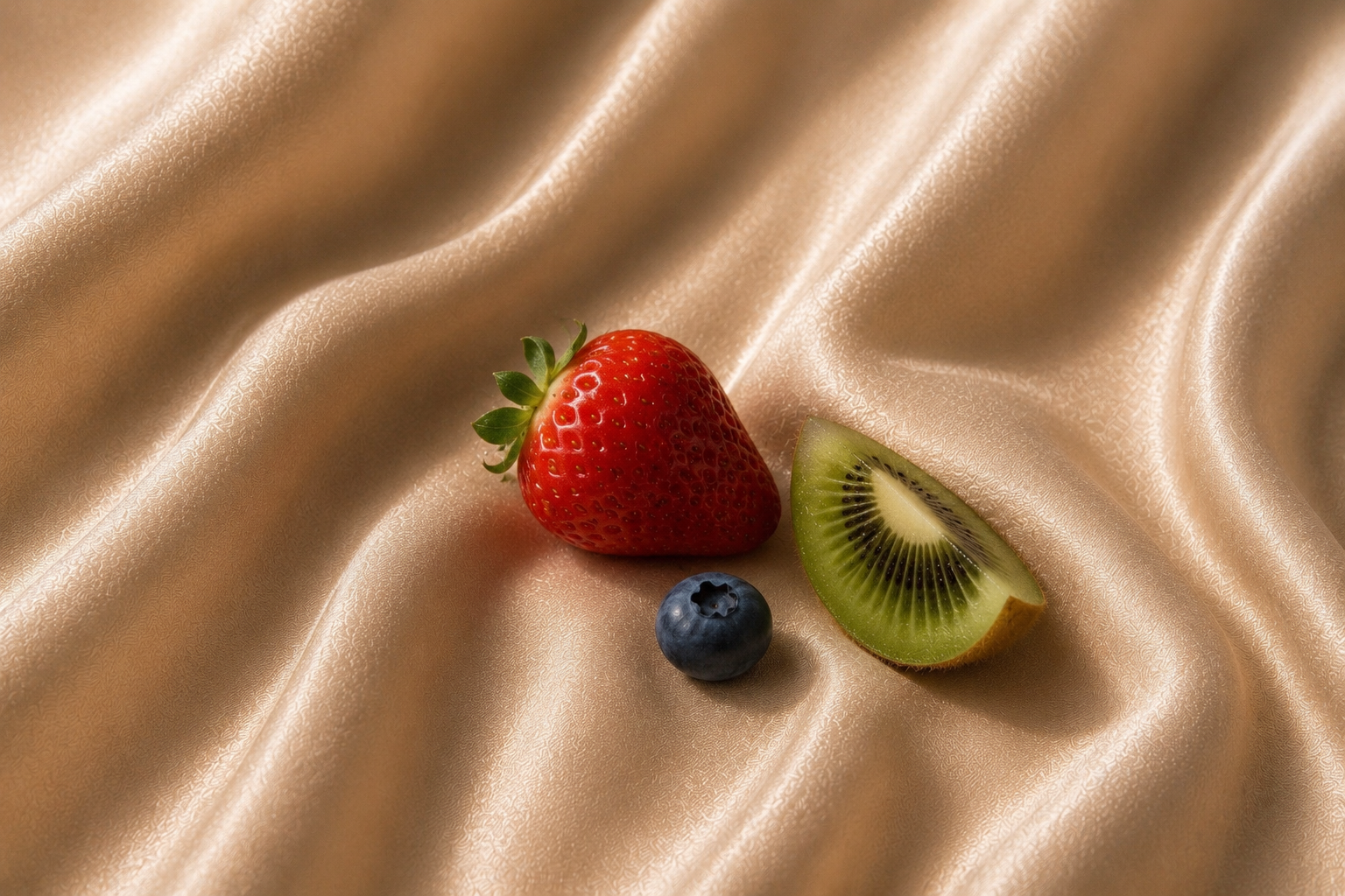 Fraise, kiwi et myrtille sur satin beige champagne dans une mise en scène luxe éditoriale inspirée des univers beauté et infusions premium Hazellia. 

