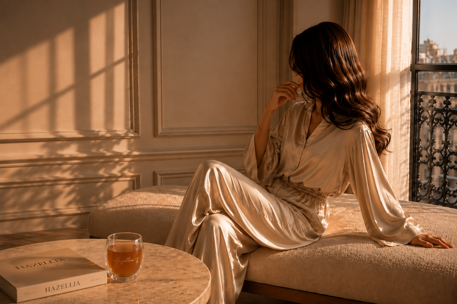 Femme élégante en ensemble satin champagne dans un intérieur lumineux, mug d’infusion Hazellia et univers slow luxe – Magazine Hazellia Mode & Style

