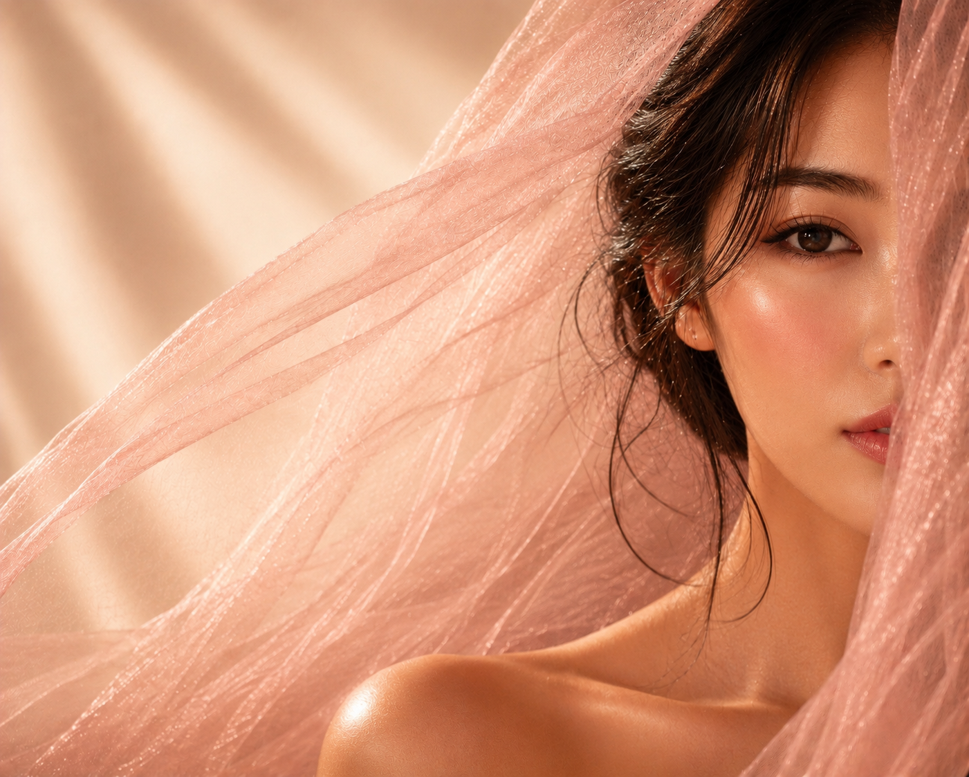 Femme Magnétique Hazellia au voile rose pêche, univers lumineux de BerryGlow