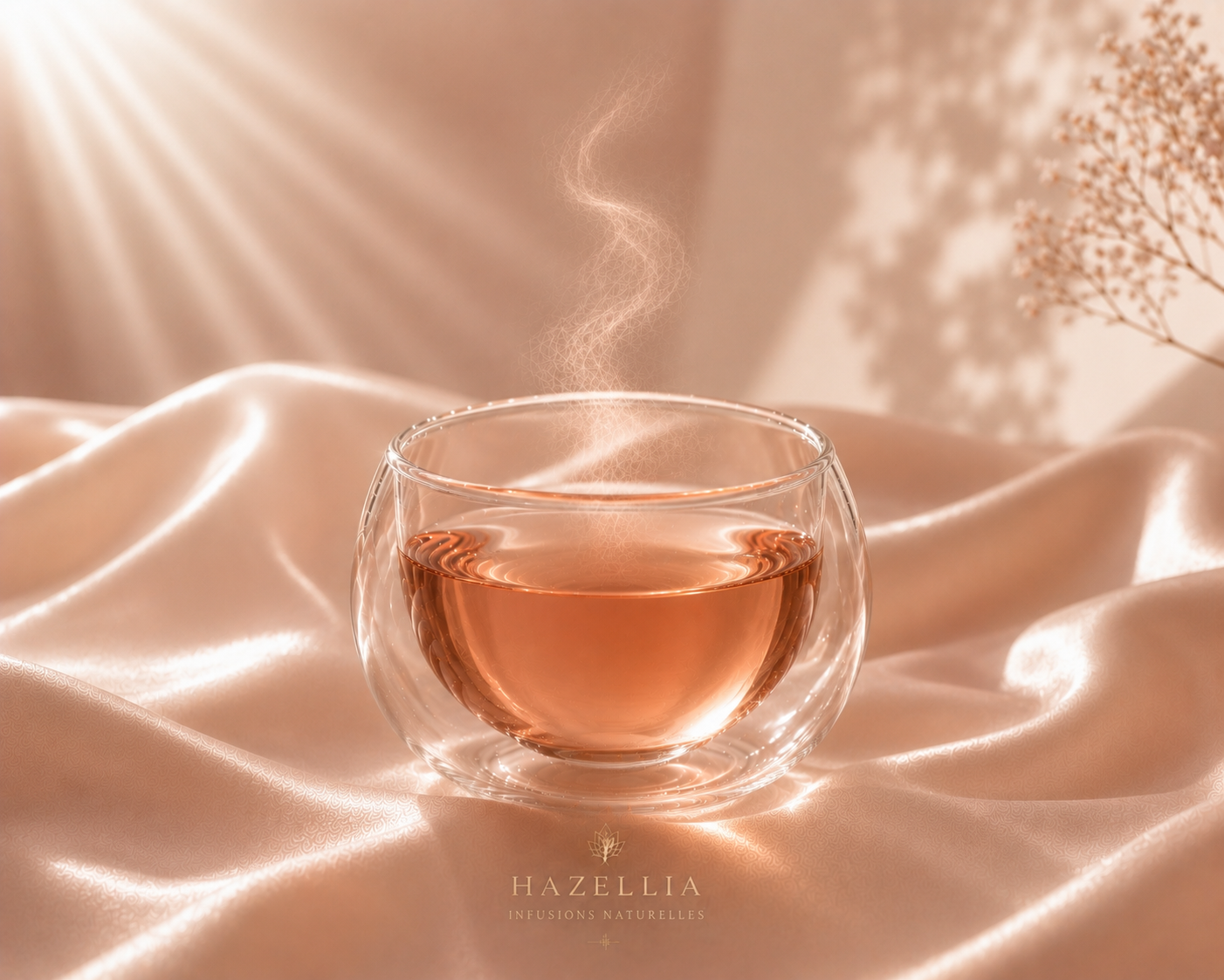 Infusion CherryTox chaude dans un mug double paroi transparent sur satin champagne pêche nude, ambiance luxe féminin minimaliste, infusion queues de cerise ambrée, vapeur naturelle élégante, photographie éditoriale premium Hazellia style haute parfumerie, rituel drainage et silhouette féminine.