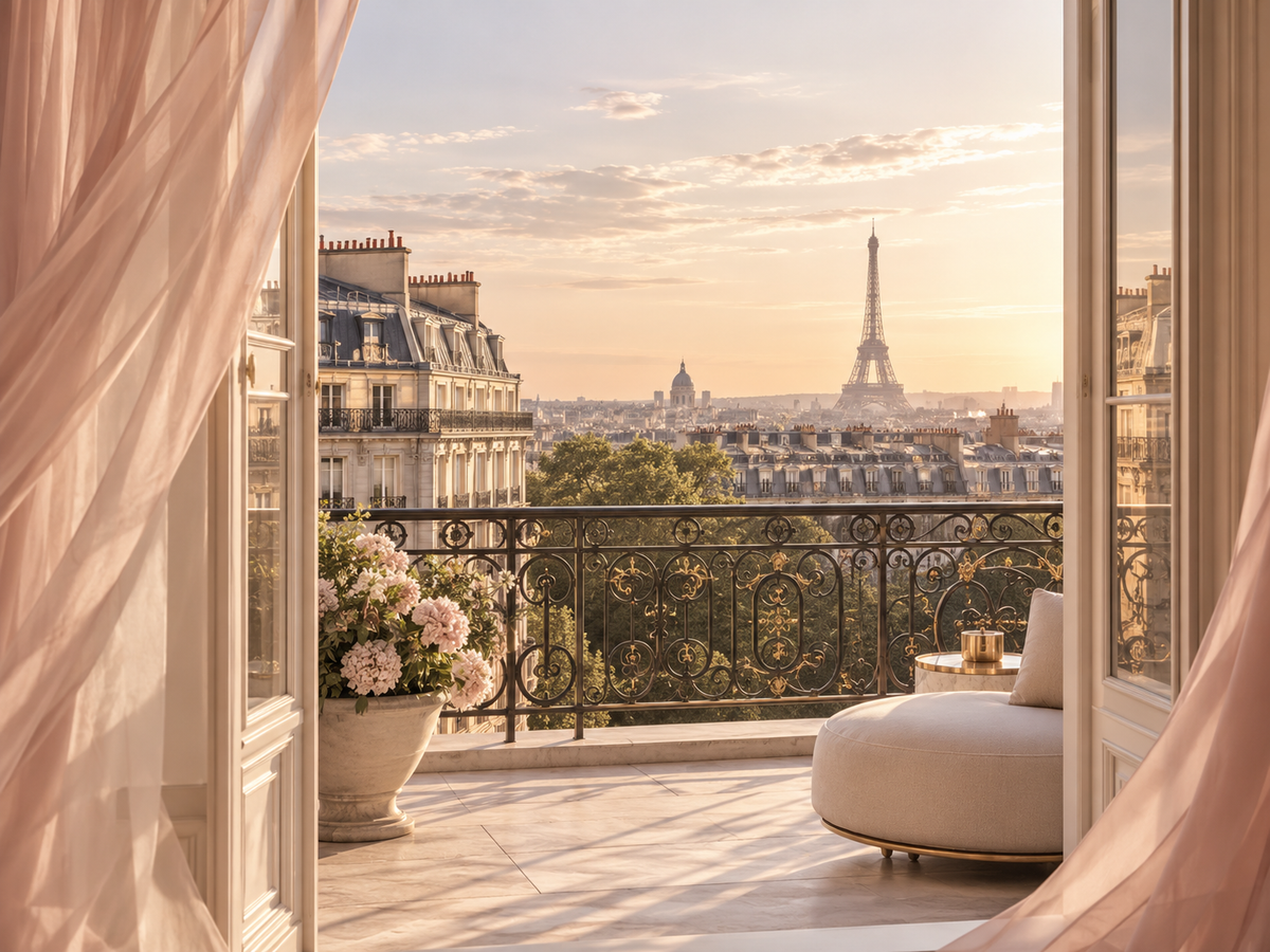 Paris Intemporel Hazellia, balcon parisien élégant avec vue sur la Tour Eiffel dans une ambiance lumineuse, chic et haut de gamme
