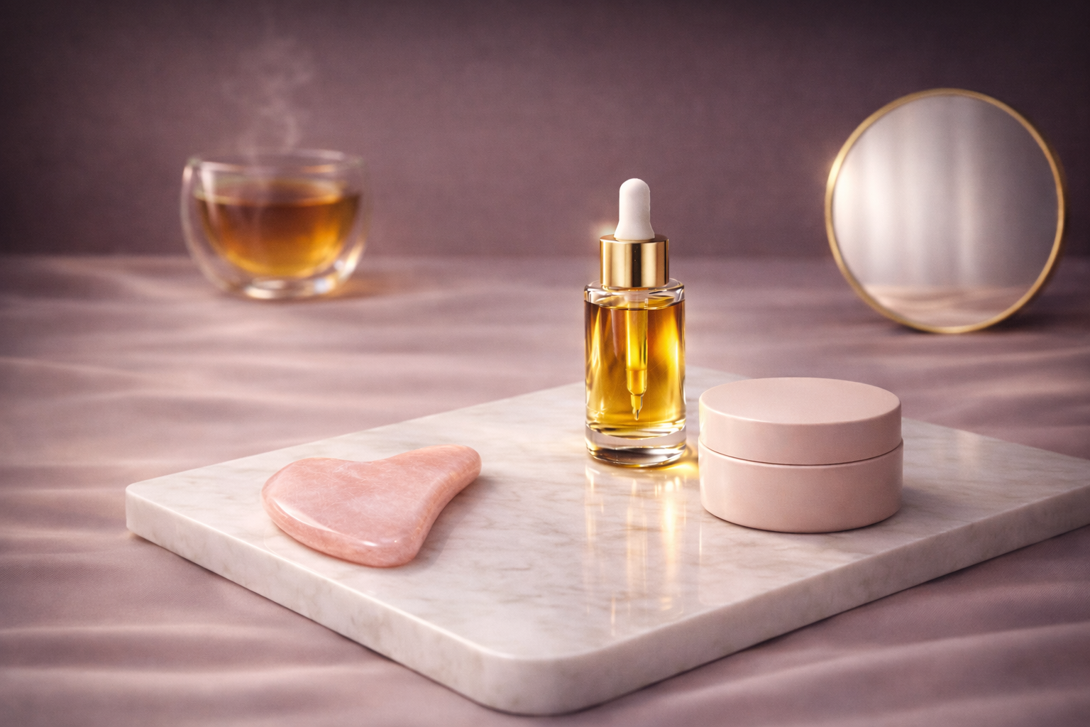 Rituel beauté Hazellia sur plateau en marbre avec gua sha en quartz rose, sérum doré, crème beige et infusion chaude sur satin rose poudré.

