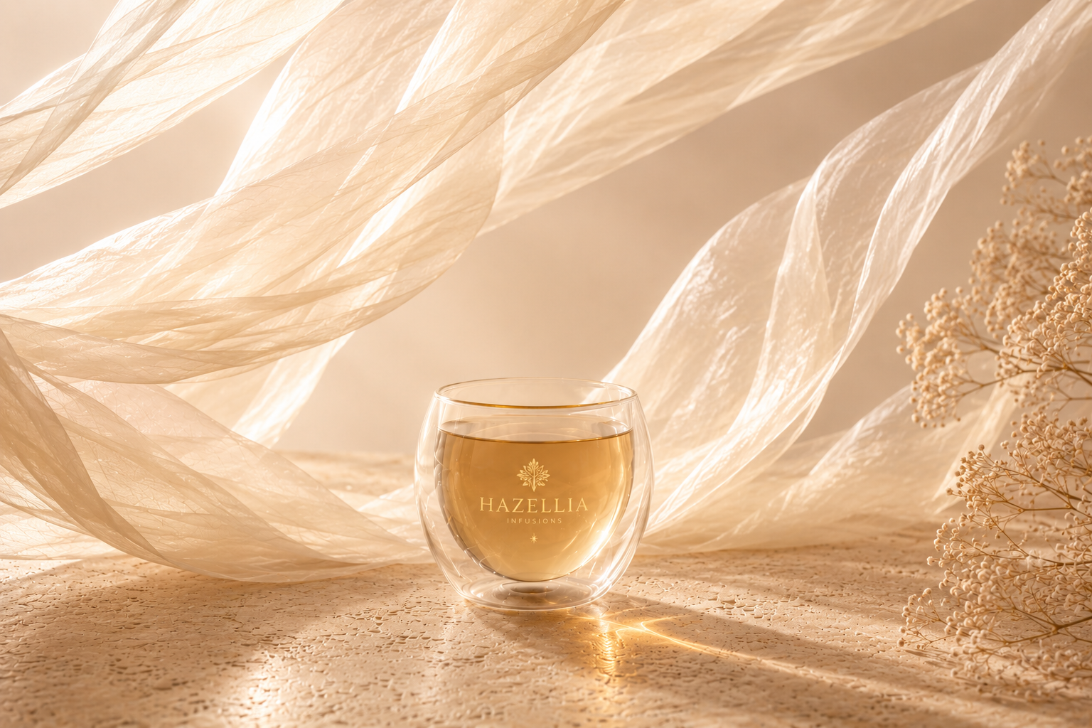 Infusions équilibre féminin HazBloom dans un mug en verre, rituel féminin naturel, ambiance satin champagne et bien-être au quotidien.

