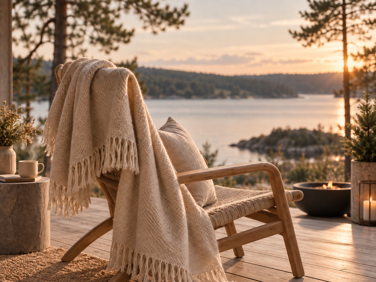 Évasion Scandinavie Cocooning avec terrasse nordique au bord d’un lac, fauteuil en bois, plaid ivoire, mug fumant et ambiance luxe réaliste au coucher du soleil.


