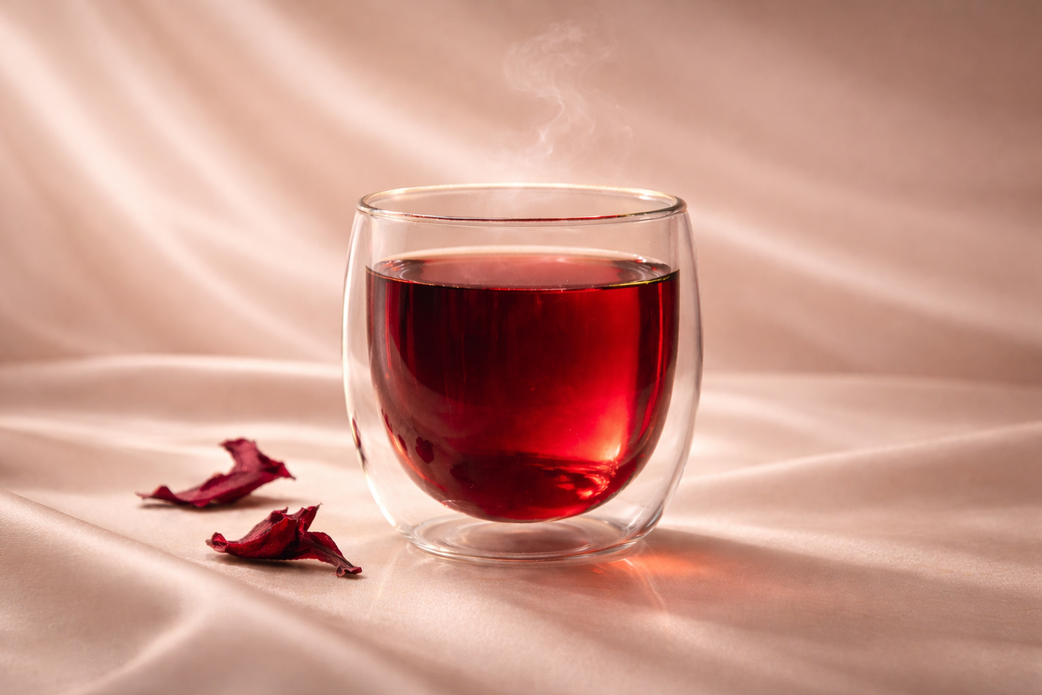 Infusion rubis Rose Blood à l’hibiscus sur satin rose poudré – HazBloom par Hazellia

