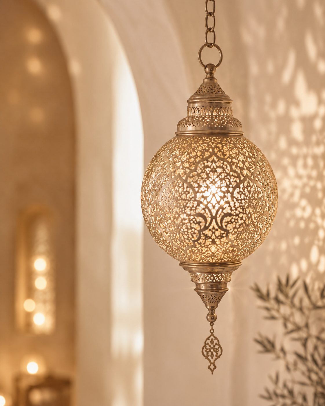 Suspension orientale dorée projetant des motifs lumineux dans une architecture beige raffinée inspirée de l’univers Hazellia Voyage Orient Doré. 

