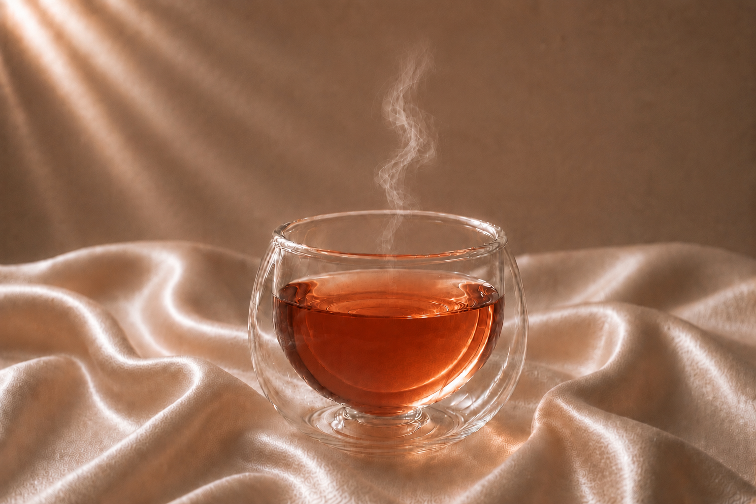 Infusion Rose Ritual Hazellia dans un mug en verre double paroi, thé ambré cuivré profond sur satin champagne lumineux, ambiance premium et rituel bien-être.

