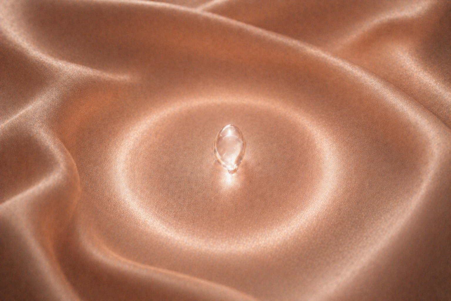 Goutte d’élixir translucide lumineuse sur satin beige rosé, halo doux et ambiance luxe féminin – symbole du glow et de l’éclat naturel Hazellia