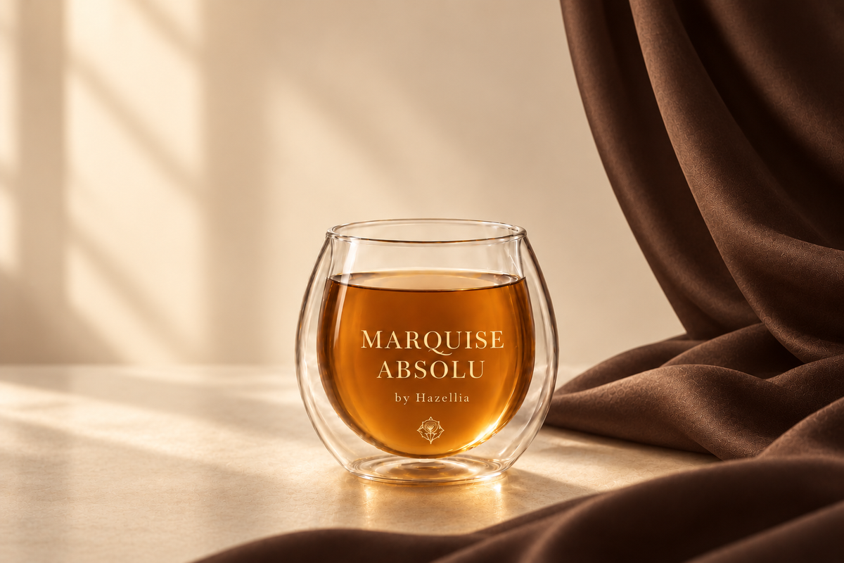 Verre à double paroi contenant l’infusion ambrée Marquise Absolu de Hazellia, sur un fond ivoire champagne moka, encadré d’un drapé chocolat profond.

