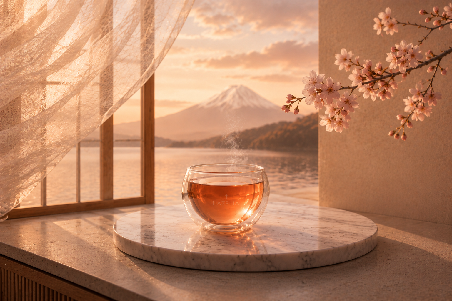 Rituel japonais Hazellia Voyage avec infusion dans une tasse en verre double paroi, fleurs de cerisier, voile ivoire et ambiance zen inspirée du Japon face au mont Fuji.

