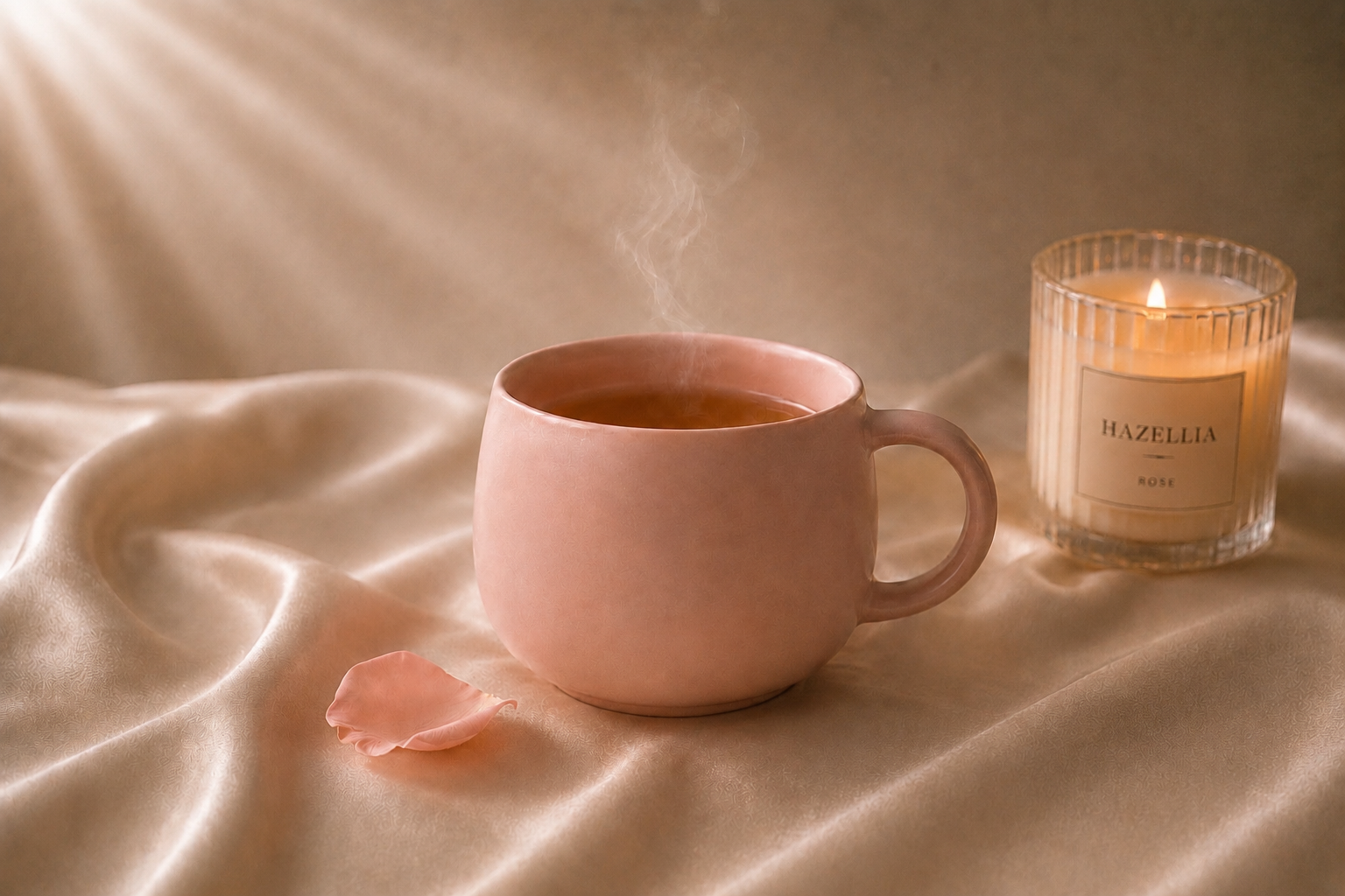 Rituel Éclat Rose Hazellia – infusion Rose Ritual dans un mug rose poudré sur satin champagne avec bougie parfumée et pétale de rose

